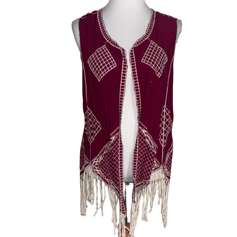Cato Maroon Tribal Vest Fringe Patterns